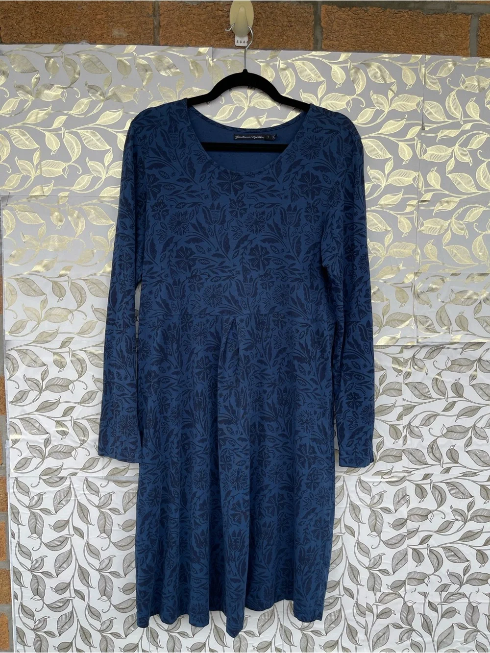 Gudrun Sjoden Organic Cotton Blue Botanical Lagenlook Dress L Pockets Scandiboho - Picture 4 of 12